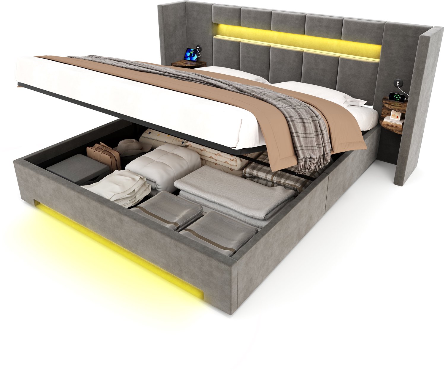 Merax Gestoffeerd Bed 160 x 200 cm - Fluweel Donkergrijs - Hydraulisch Bed met Opbergruimte - LED Verlichting - USB-Aansluitingen - Ingebouwde Nachtkastjes