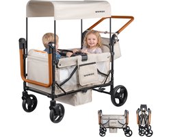 WEMOH Bolderkar voor 2 Kinderen - Opvouwbaar - Met 2 Zitjes, 5-Puntsgordels, UPF 50+ Dak, Muggennet, Duwstang & Rem - Max. 68 kg - Crèmewit