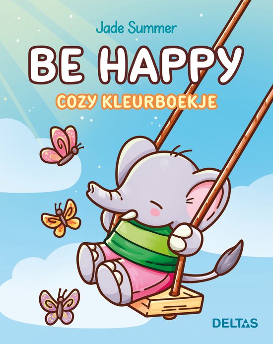 Kleurboekje 'Be Happy' met een vrolijk grijs olifantje op een schommel en kleurrijke vlinders tegen een blauwe lucht.