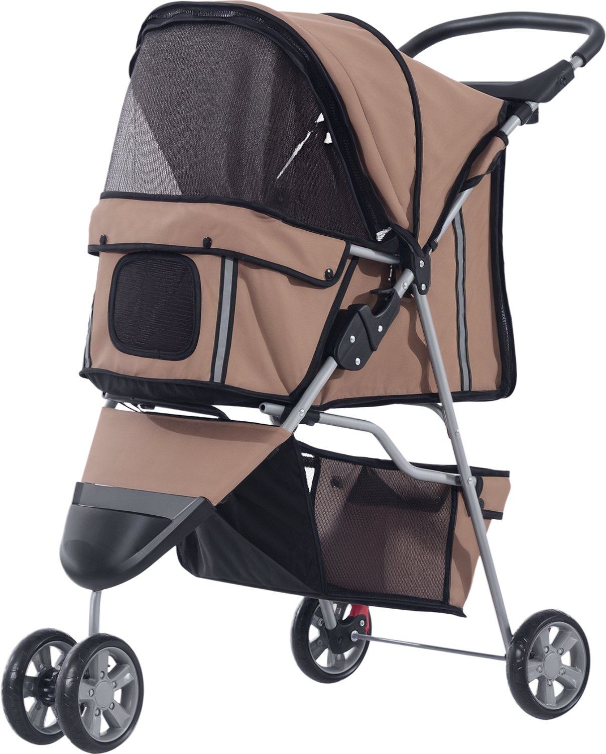Opvouwbare buggy voor huisdieren - opvouwbare honden-/kattenbuggy - inclusief bekerhouder en opbergmand - wielen met remmen - 600D Oxford-stof- stalen frame - 75 x 45 x 97 cm- bruin