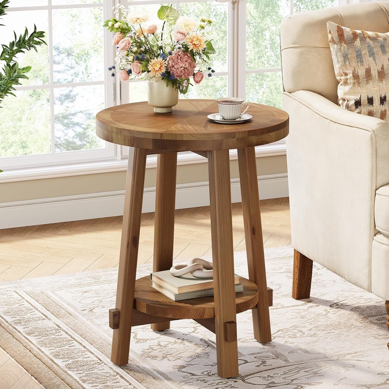Tribesigns massief hout Bijzettafel - Sidetable met 2 niveaus voor Woonkamer- kleine bijzettafel met opbergruimte voor Woonkamer, Thuiskantoor - 50×50×65 cm -bruin