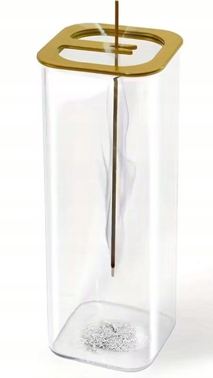 Elegante wierookhouder met asvanger van glas en goudkleurig deksel