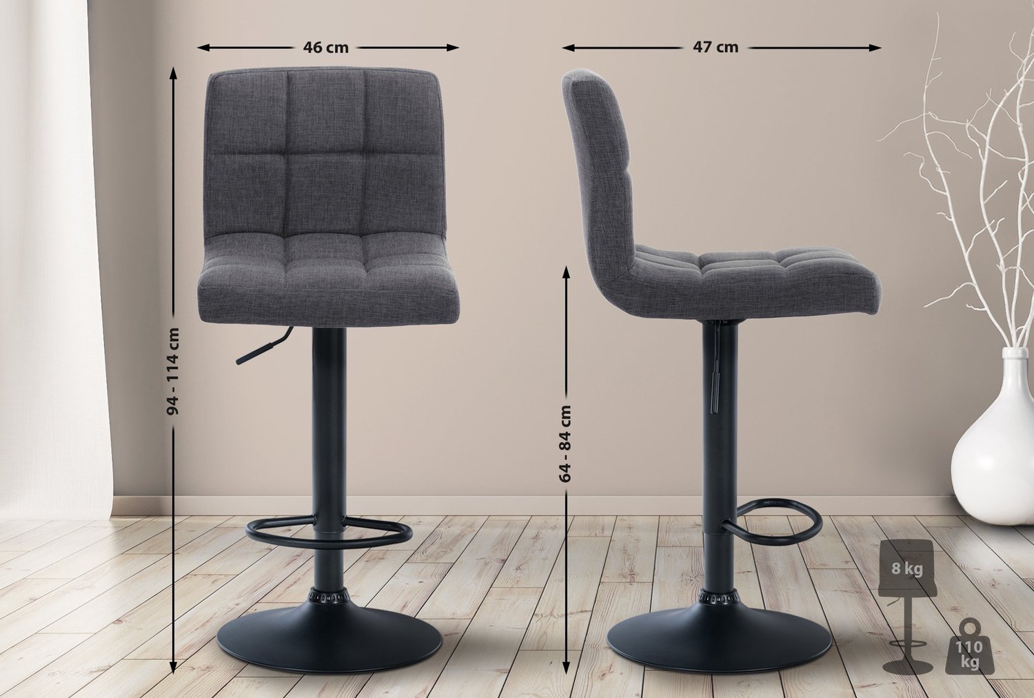 Luxe Comfort Torino 0052 barkruk - stof - lichtgrijs zwart/licht grijs