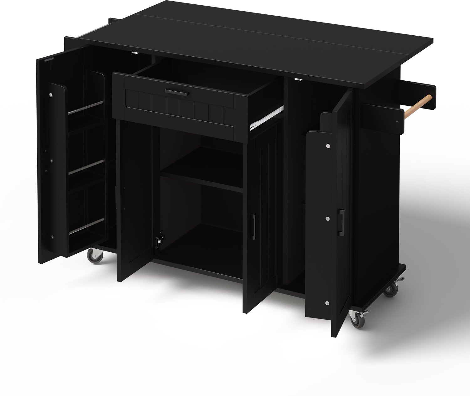 Keukeneiland met opklapbaar werkblad - Opbergruimte met vier deuren en lade - Keukenwagen op wielen voor keuken en eetruimte - Zwart MDF