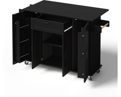 Keukeneiland met opklapbaar werkblad - Opbergruimte met vier deuren en lade - Keukenwagen op wielen voor keuken en eetruimte - Zwart MDF