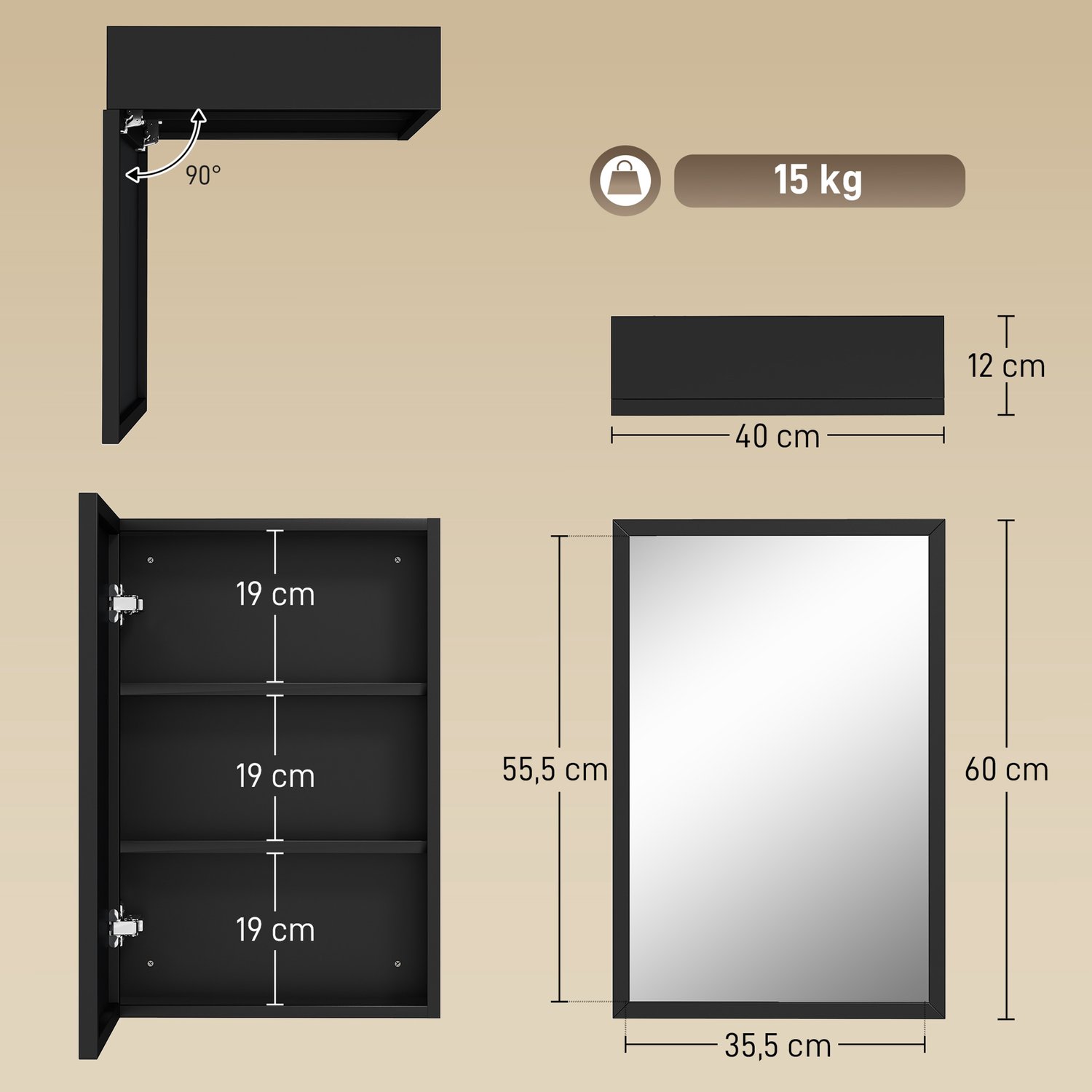 Badkamerspiegelkast- wandkast met spiegel- 1 deur en 2 planken- staal- 40 x 12 x 60 cm- zwart