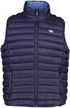 Donkerblauwe, gewatteerde bodywarmer met rits, borstlogo en zijzakken. Rode voering met blauwe kraag.