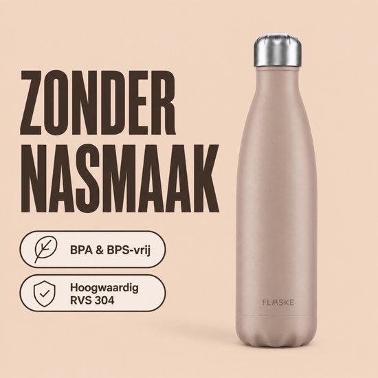 Beige FLASKE drinkfles van 500 ml. BPA & BPS-vrij, hoogwaardig RVS 304.