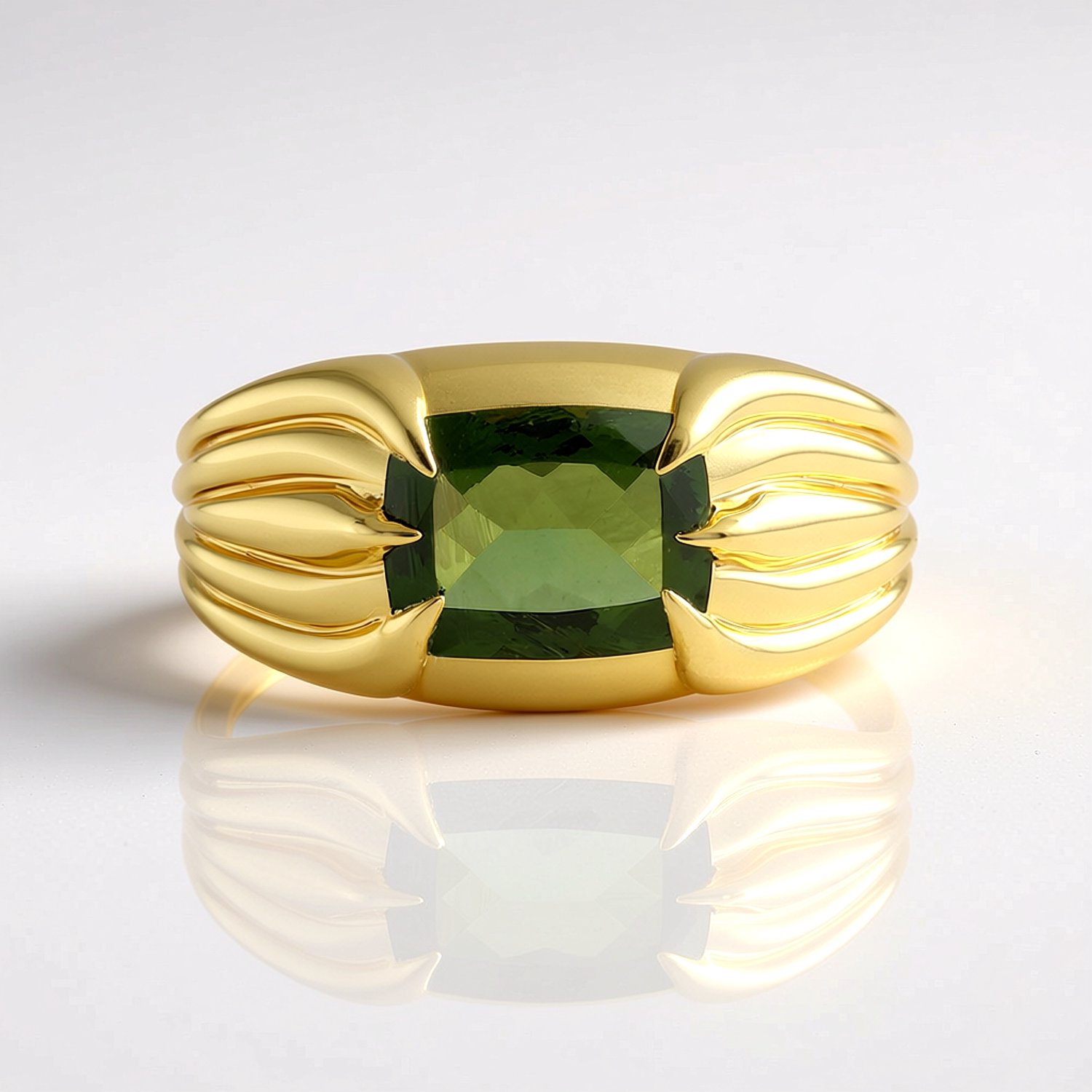Cavill - Zilveren Ring met 1,492 ct Moldaviet - 925 Sterling Zilver Verguld - Antiek Geslepen Groene Edelsteen - Uniek Brede Designring Dames
