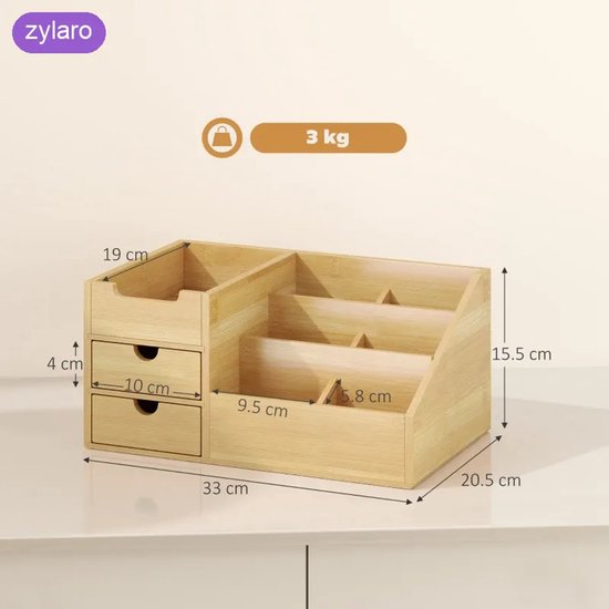 Bureau-organizer - Bamboe opbergdoos met lade - Pennenhouder - Naturel - 33 x 20,5 x 15,5 cm — cadeau in Wonen & Interieur - foto 2