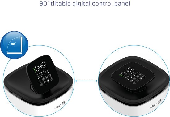 Gedetailleerde weergave van het kantelbare digitale bedieningspaneel van een luchtreiniger.