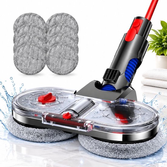 Dweil-opzetstuk met roterende grijze pads, ontworpen voor Dyson stofzuigers, met extra reservepads.