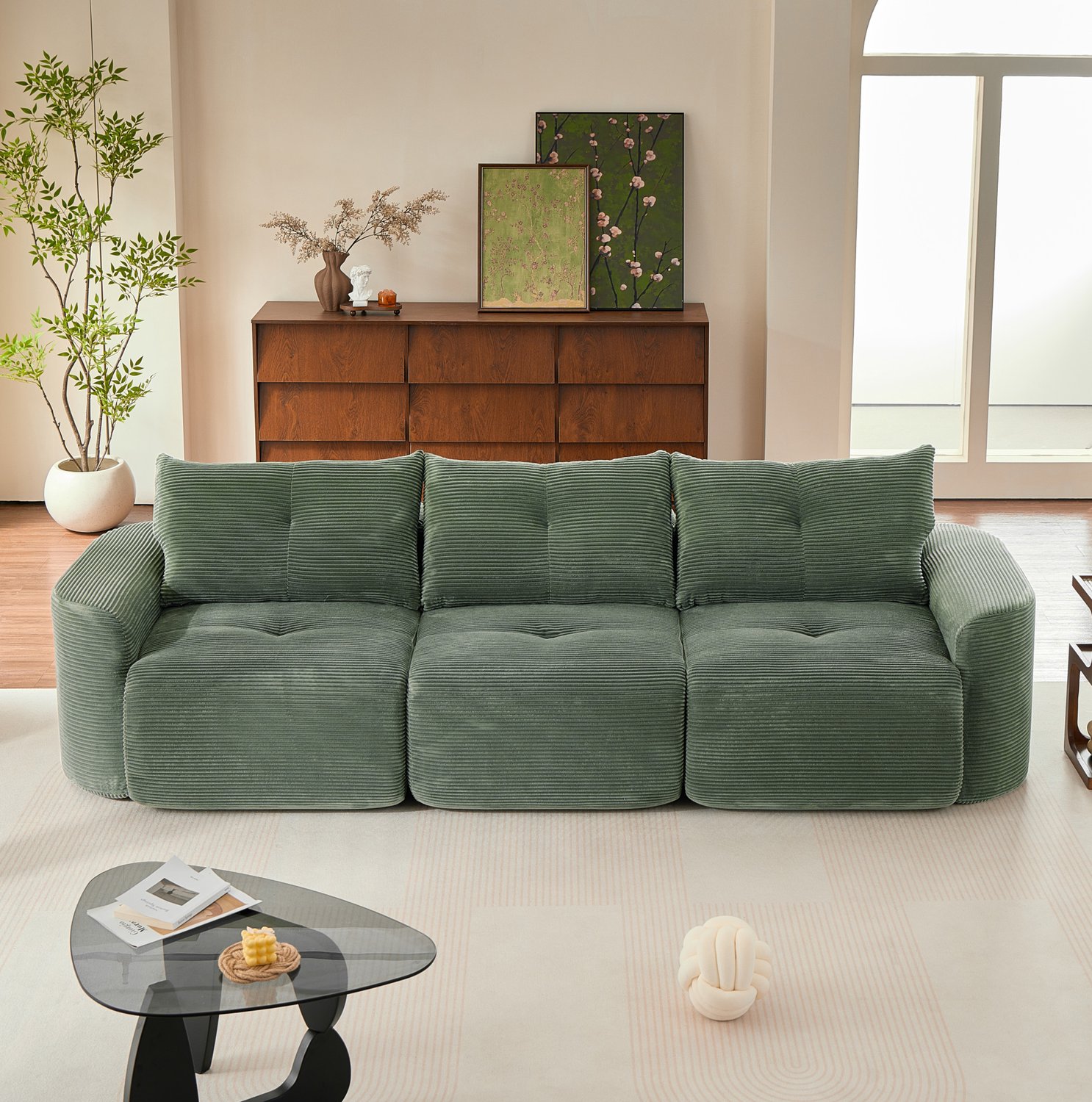 OKWISH Zitbank 3-Zits - Modulair Ontwerp Met 2+1 Configuratie - Wabi-Sabi Rond Design - Geribd Ribfluweel - Saliegroen