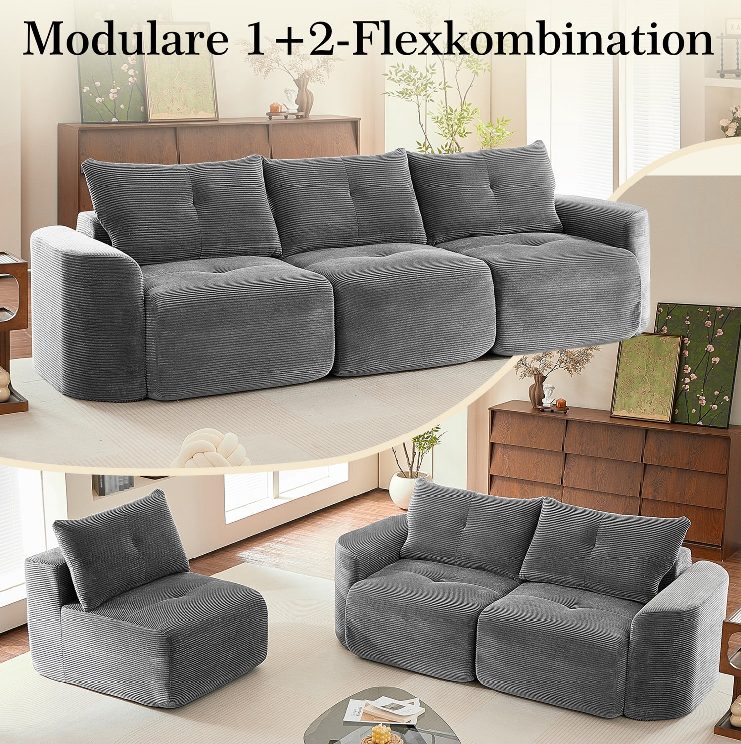 OKWISH Modulaire 3-Zitsbank - Flexibele Opstelling Met Afneembaar Zitdeel - Voor De Woonkamer - Ribfluweel - Antracietgrijs