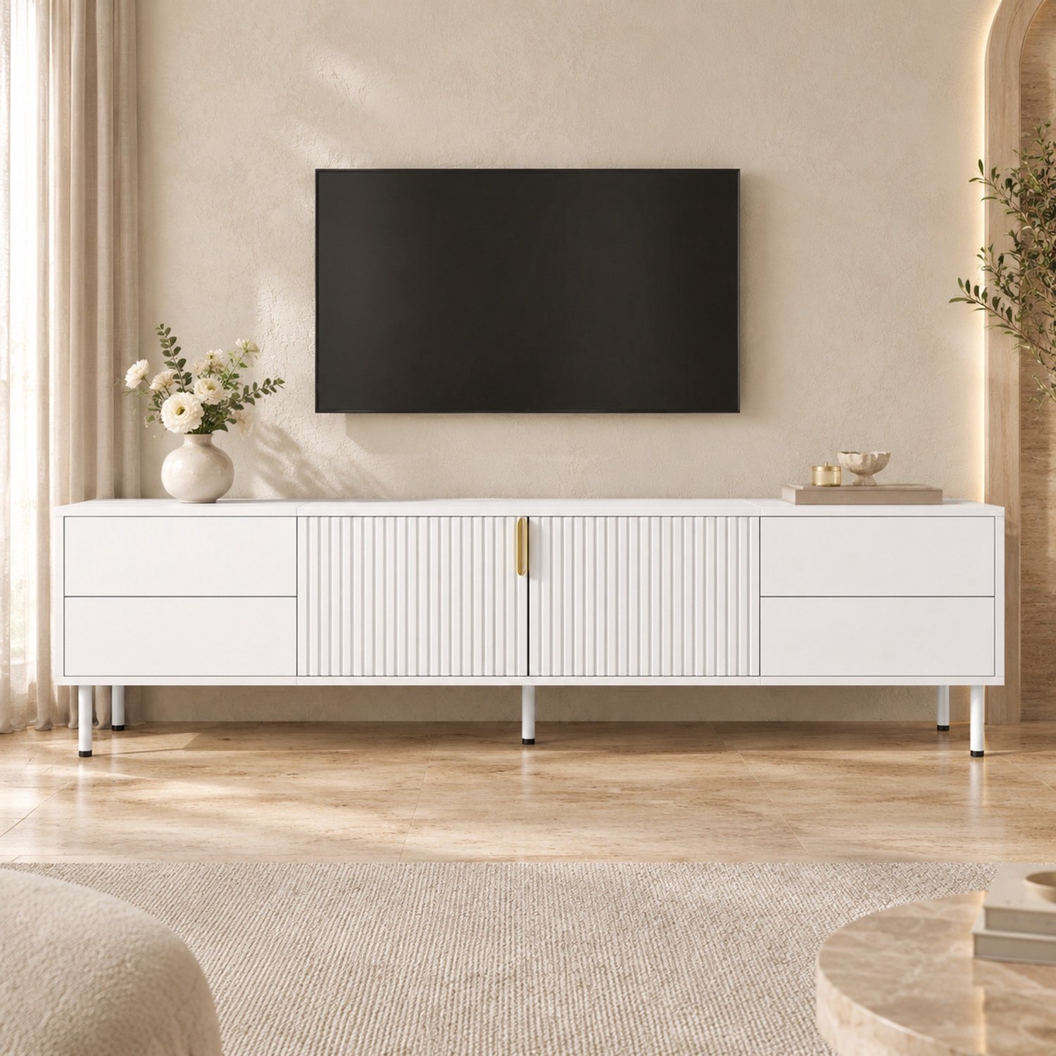 MODENUIT Tv-Meubel - Vier Lades En Dubbele Deuren - Voor Woonkamer - MDF En Spaanplaat - 180x40x49,5 Cm - Wit