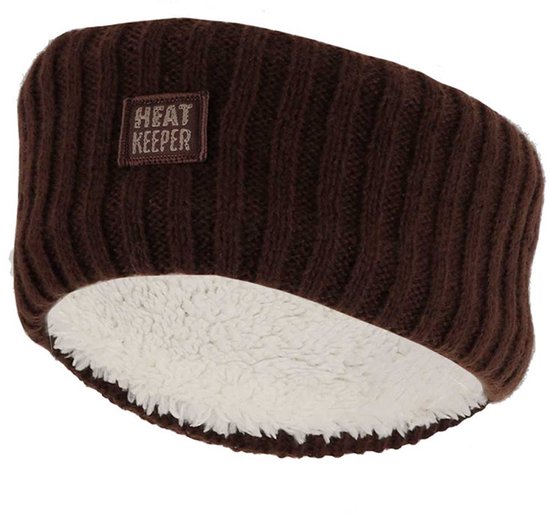 Bruine gebreide hoofdband met witte sherpa-voering en 'HEAT KEEPER' label.
