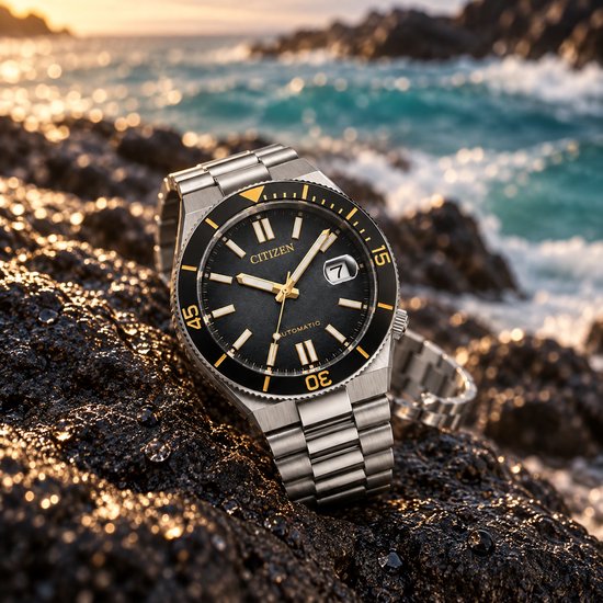 Zilveren horloge met zwarte wijzerplaat en gele accenten op rotsen bij de zee.