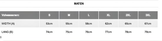Maattabel voor volwassenen, breedte (A) en lengte (B) in cm voor maten S tot 3XL.