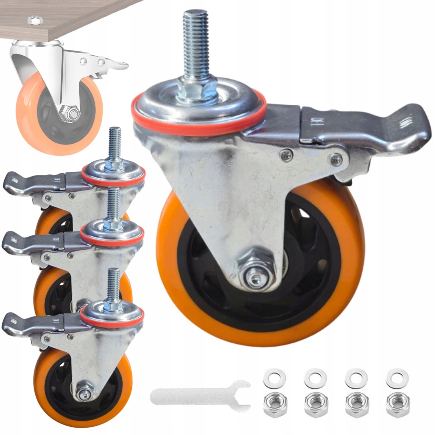 Zet 4 zwenkwielen met rem 100mm M12x30 - Zware belasting
