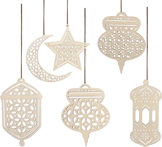 Famanu - Houten hanger ornament - Creëer een sfeervolle Ramadan decoratie - Uniek ontwerp met maan en sterren - Onbekend kleur