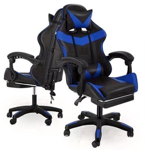 Gamingstoel – Gamestoel – Gaming Chair – Game Stoel – Bureaustoel – Ergonomisch Design – Verstelbare Rugleuning met Voetensteun – Max. 150 kg – Zwart Blauw — afbeelding 4