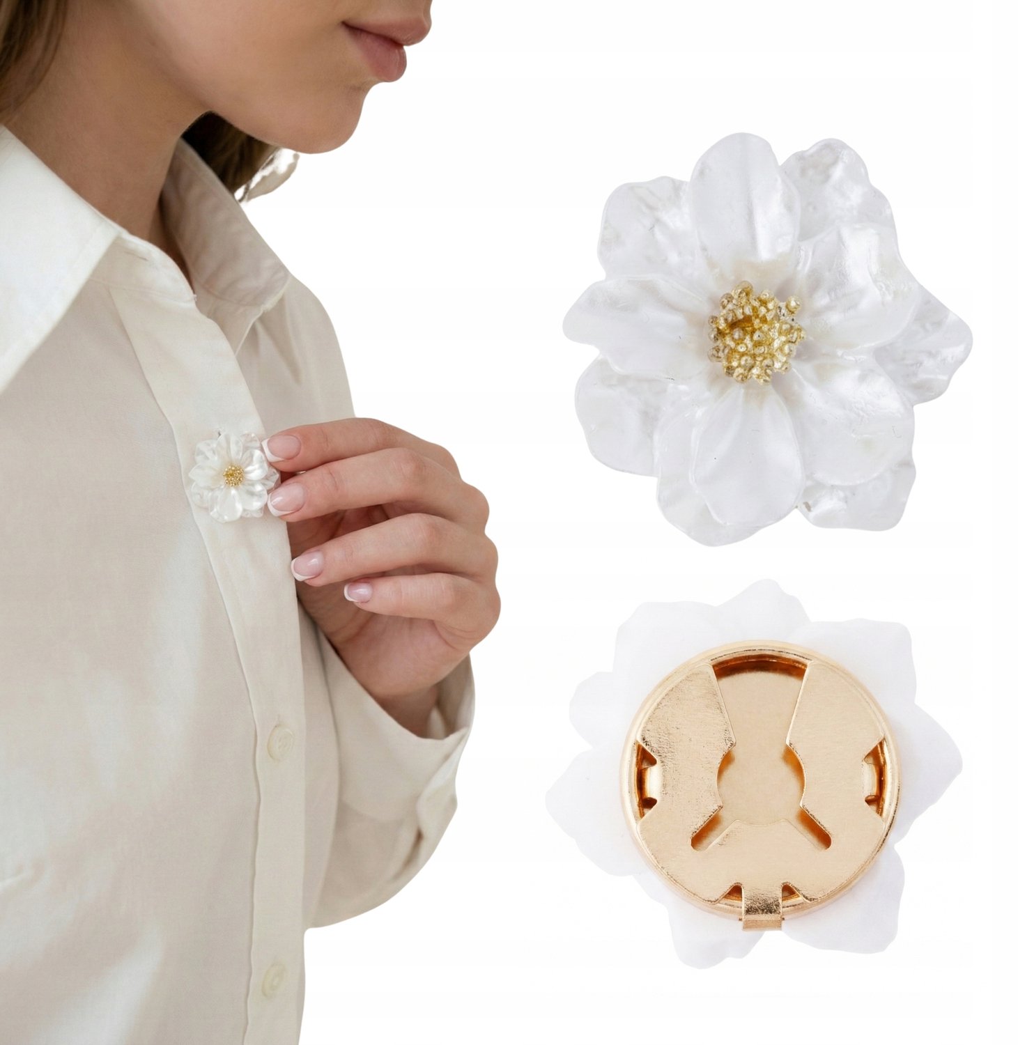 Elegant Witte Bloem Button Cover - Parelmoer Wit & Goud