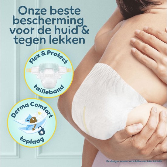 Gedetailleerde weergave van een Pampers luier om de tailleband en toplaag. Tekst 'Onze beste bescherming voor de huid & tegen lekken' en 'Flex & Protect tailleband', 'Derma Comfort toplaag'.