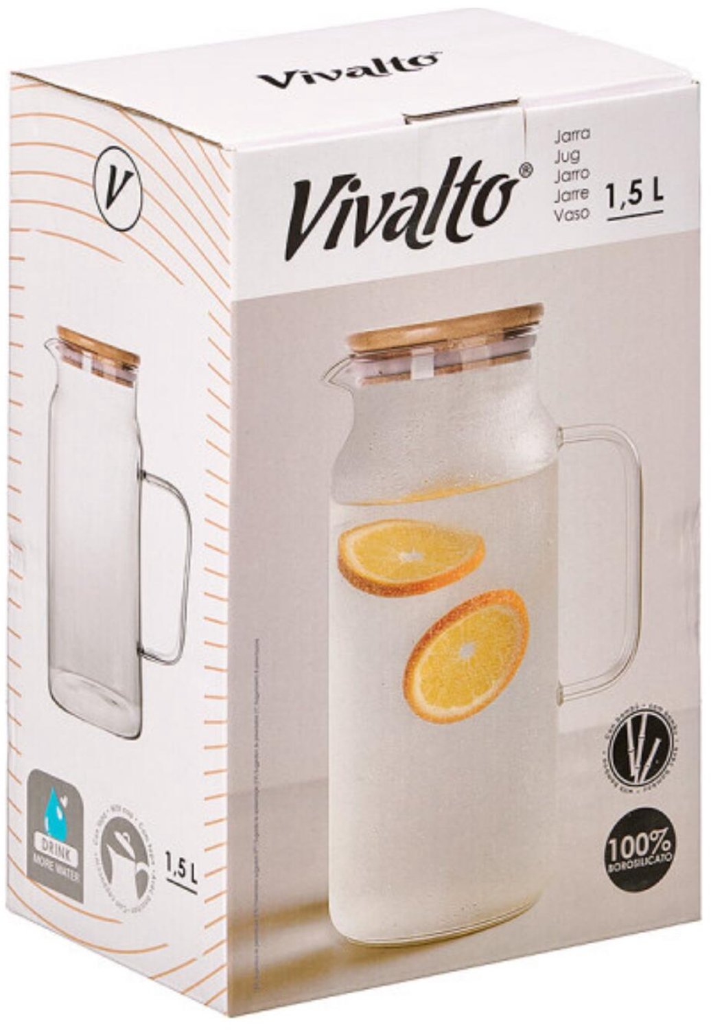 Vivalto Water / sapkan - 4x - met bamboe deksel - 1,5 ltr - boroscilaat glas - schenkkan
