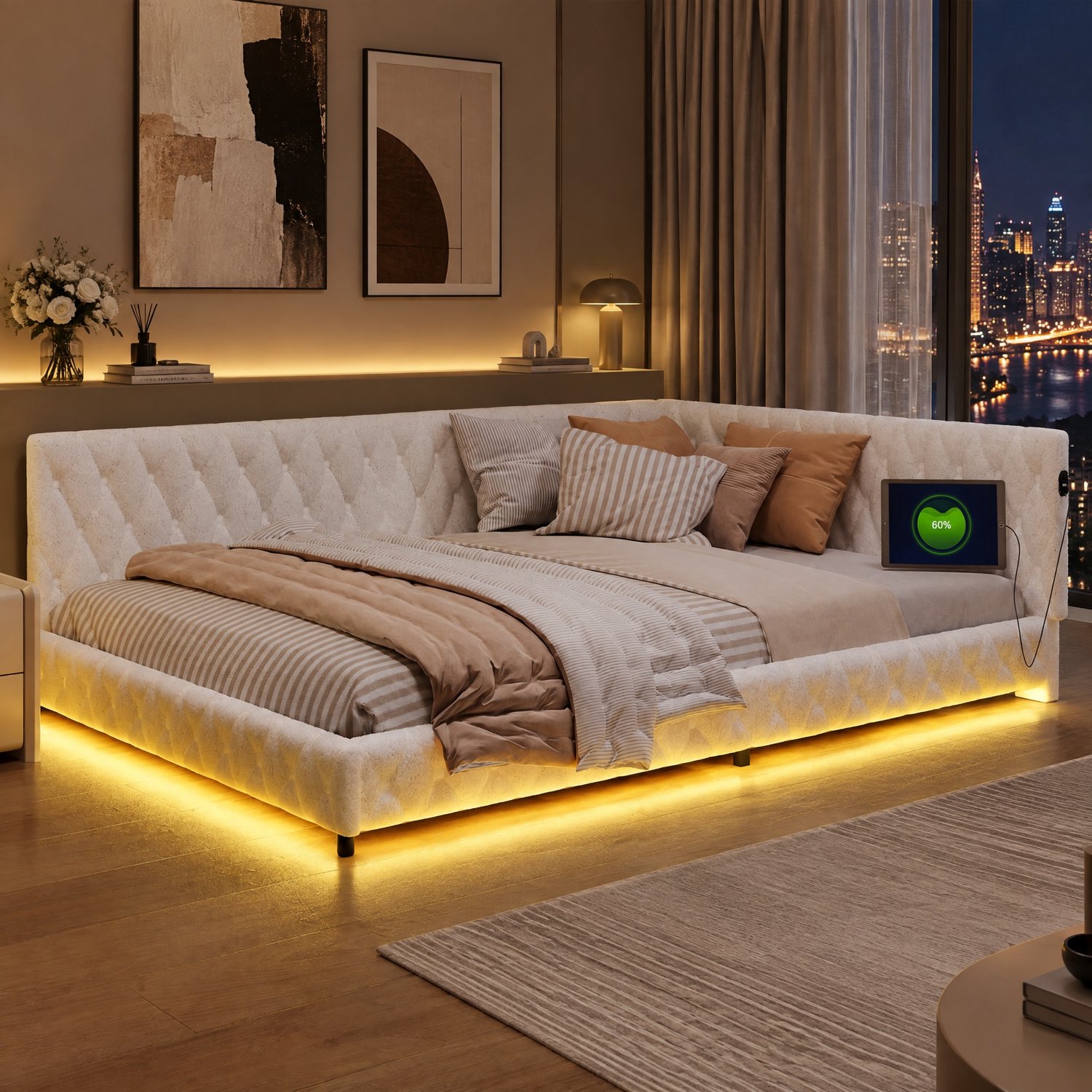 MEXUS Tweezits slaapbank 140x200 met ledverlichting en USB-poorten, moderne gestoffeerde Tweepersoonsbed met lattenbodem, multifunctioneel bedframe voor volwassenen en tieners, Teddyfluweel Beige
