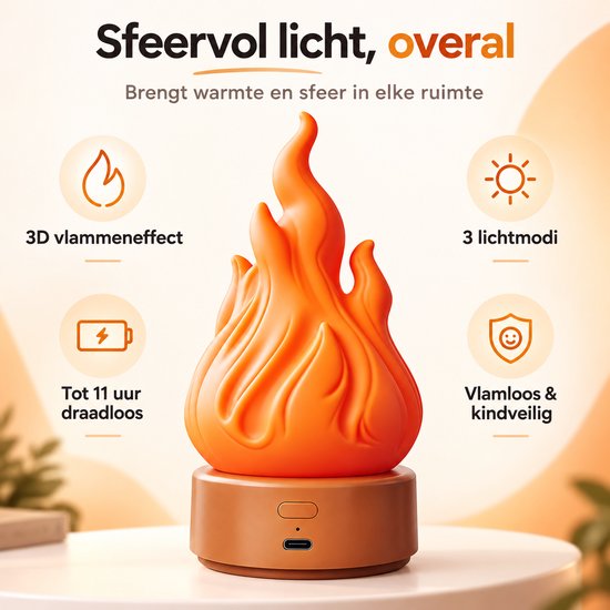 Vlammen Nachtlamp - Oplaadbare LED Sfeerlamp - 3D Vlammensimulatie en 3 Lichtmodi - Draagbare Decoratieve Vlam Lamp voor Binnen en Buiten - Oranje kleur van Bobypet — afbeelding 3