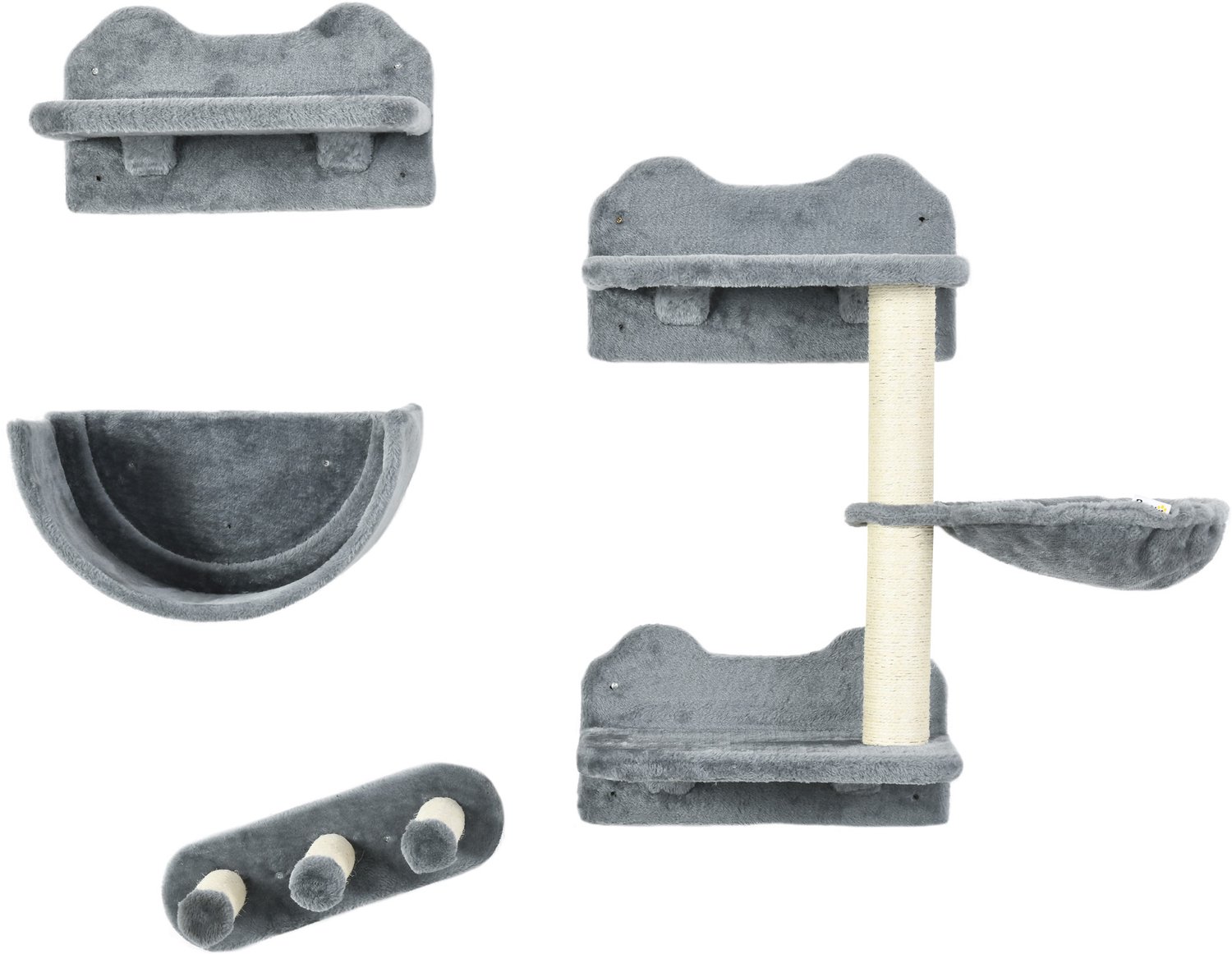 Pawona 4-delige krabpaal wandset - Met hängematte, trap en ligplanken - Sisal - Grijs