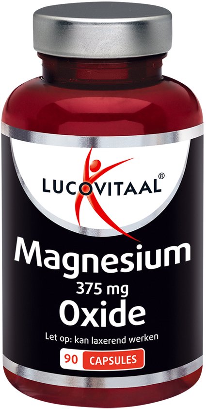 Lucovitaal Magnesium Oxide 375 mg, 90 capsules in rode fles. Met logo en teksten.