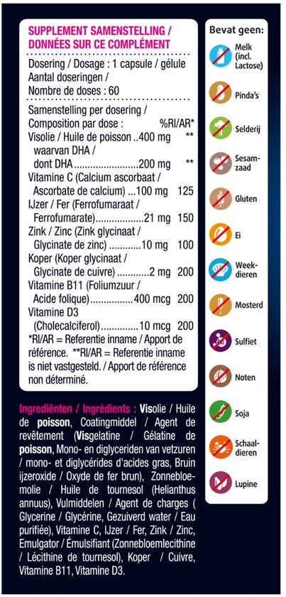 Lijst met ingrediënten en allergenen voor supplementen: melk, pinda's, selderij, sesamzaad, gluten, ei, weekdieren, mosterd, sulfiet, noten, soja, lupine.