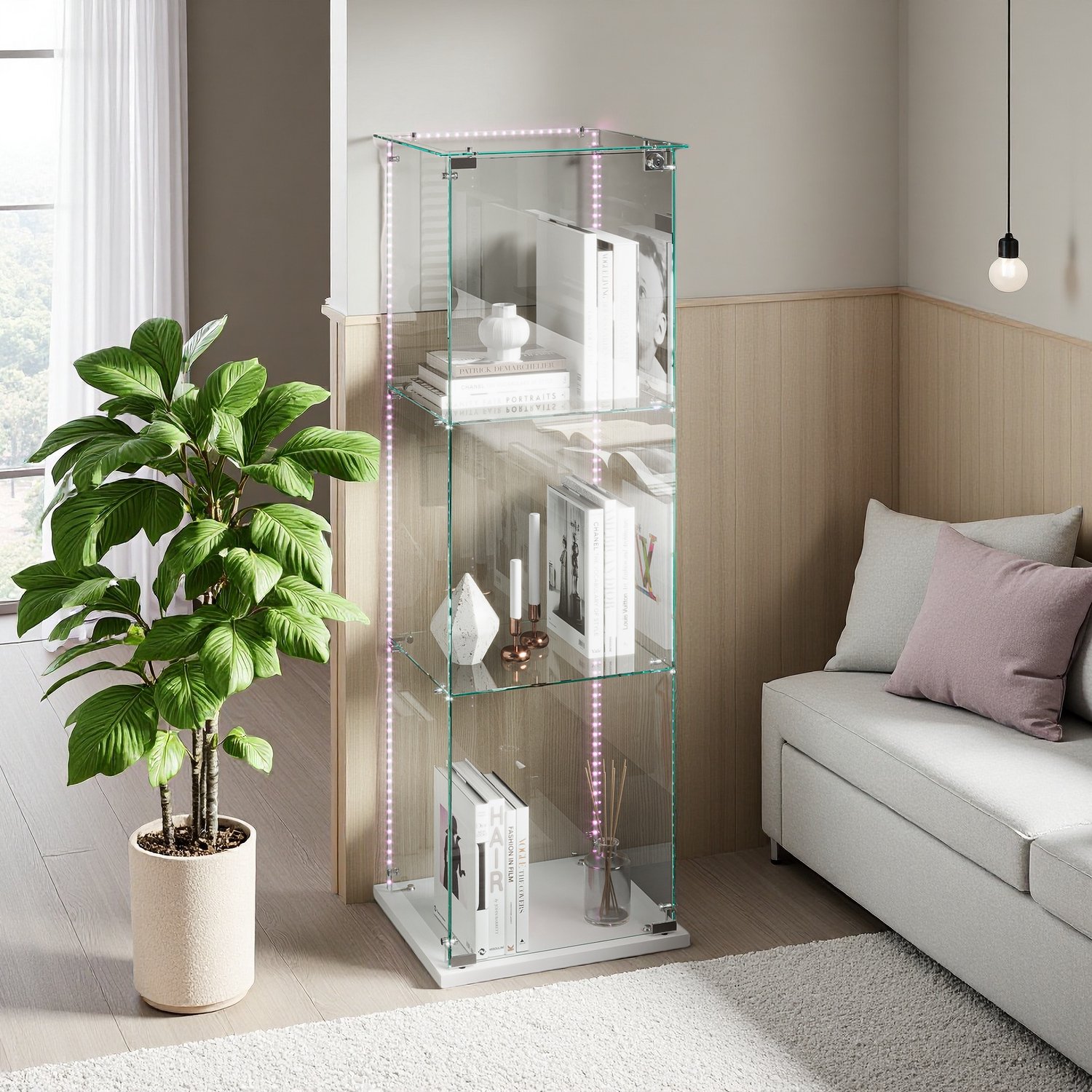 Glazen vitrinekast met 3 legplanken en 1 deur, Display kast Multifunctioneel met LED verlichting, Moderne vitrine voor Woonkamer, Slaapkamer, Kantoor, Wit