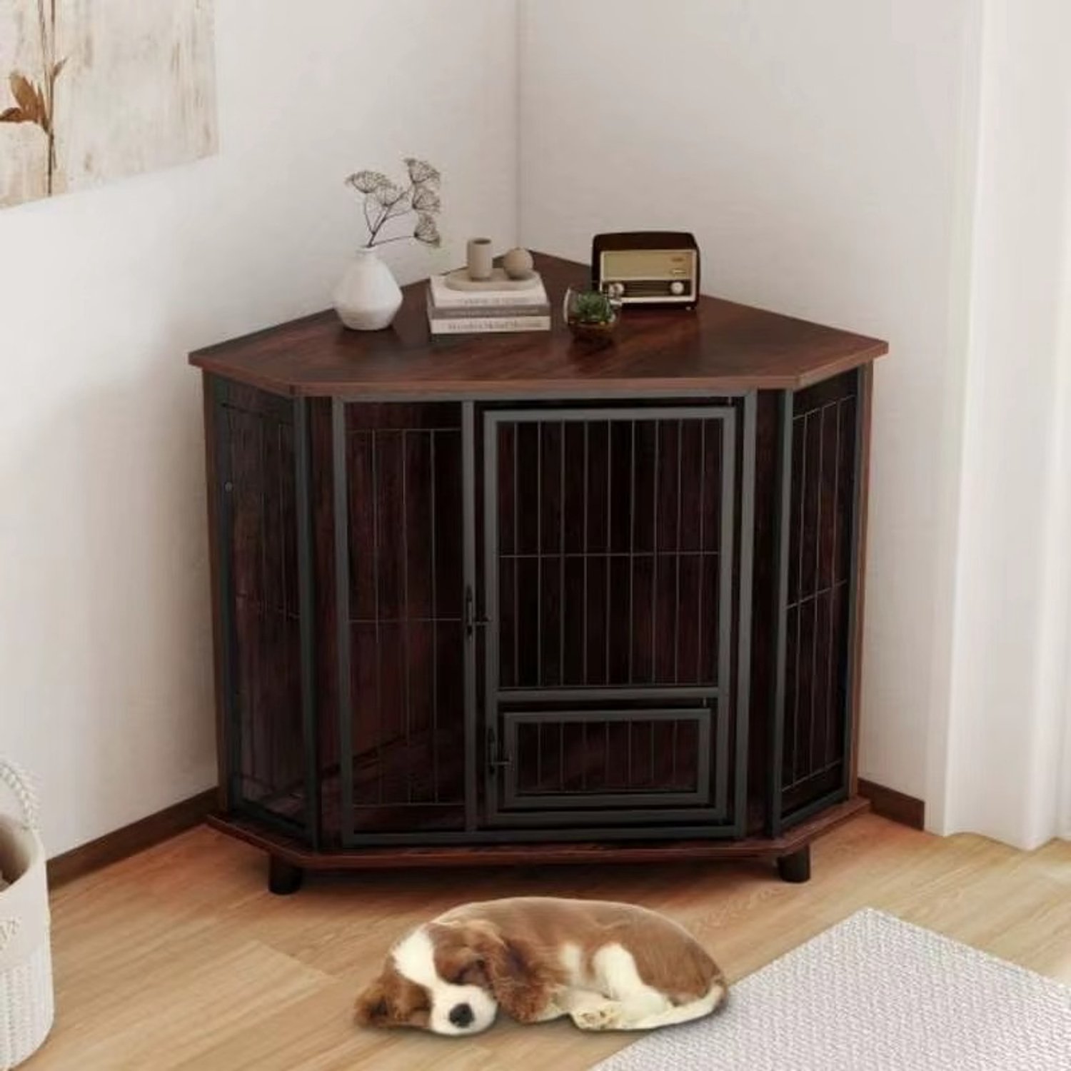 CreateEcom hondenbench - bench - hondenkooi - Hoekhondenkennel met afsluitbare voerbakdeur - 3 rubberen poten - metalen frame - bruin