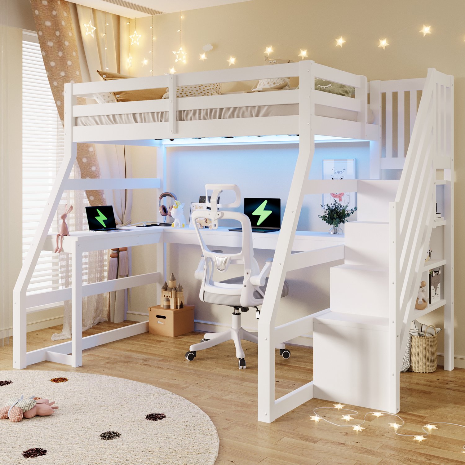 MUVANO Houten hoogslaper 90x200 met bureau - witte houten hoogslaper - LED-verlichting en USB-aansluiting - trap met opbergruimte - 254 x 145 x 170 cm