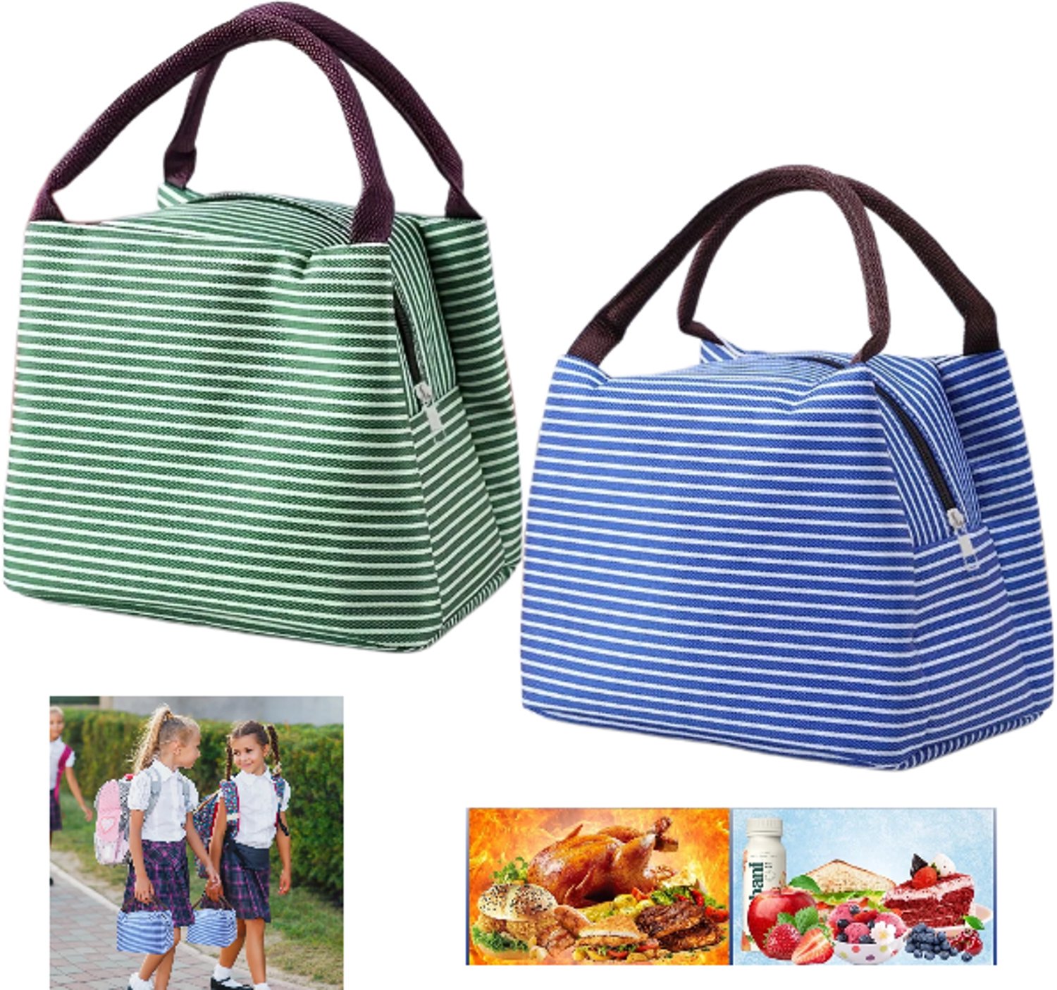 2 stuks – Geïsoleerde lunchtas – Draagbare lunchtas – Lunchtas – Picknicktas – 20,5 x 15 x 25 cm – Groen, blauw – Herbruikbaar – Geschikt voor werk, school, picknicks en buitenactiviteiten – Voor kinderen en volwassenen
