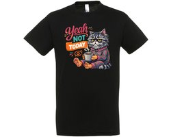 Yeah Not Today T-shirt - Kat in Pyjama met Koffie - Heren Dames Unisex - Grappig Ochtendshirt - Cadeau - Zwart - Maat XL