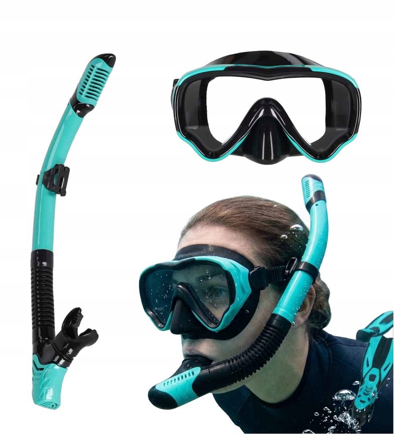 Snorkel Set Blauw-Zwart: Panoramisch Masker met Droge Snorkelbuis