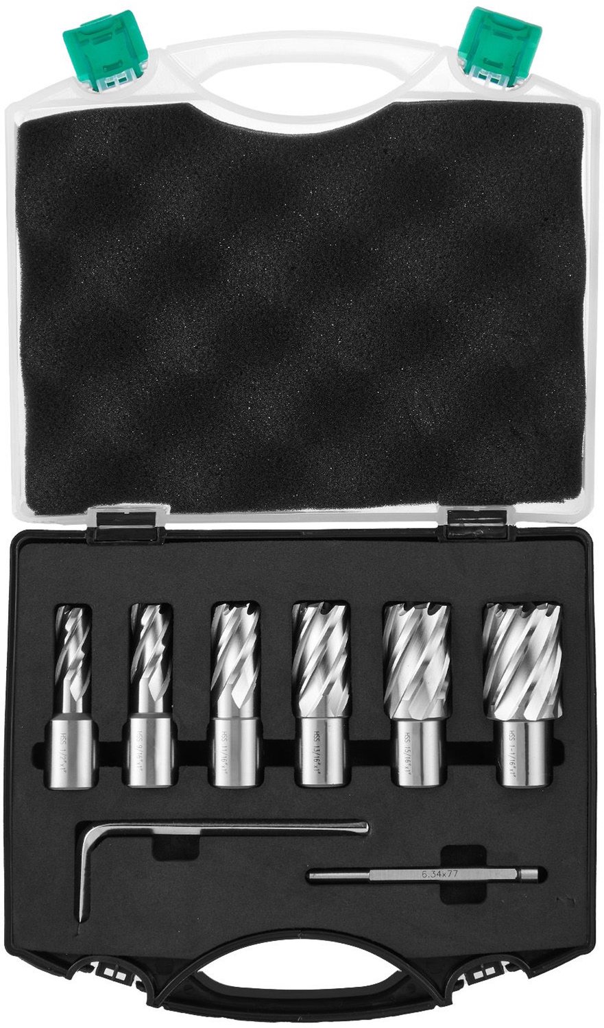 Ringfreesset- 6 stuks Weldon schacht magneetboren- 2-5 cm snijdiepte- 1-27 tot 1-2-7 cm snijdiameter- M2AL snelstaal- met centreerpen en draagtas- voor gebruik met magneetboren.