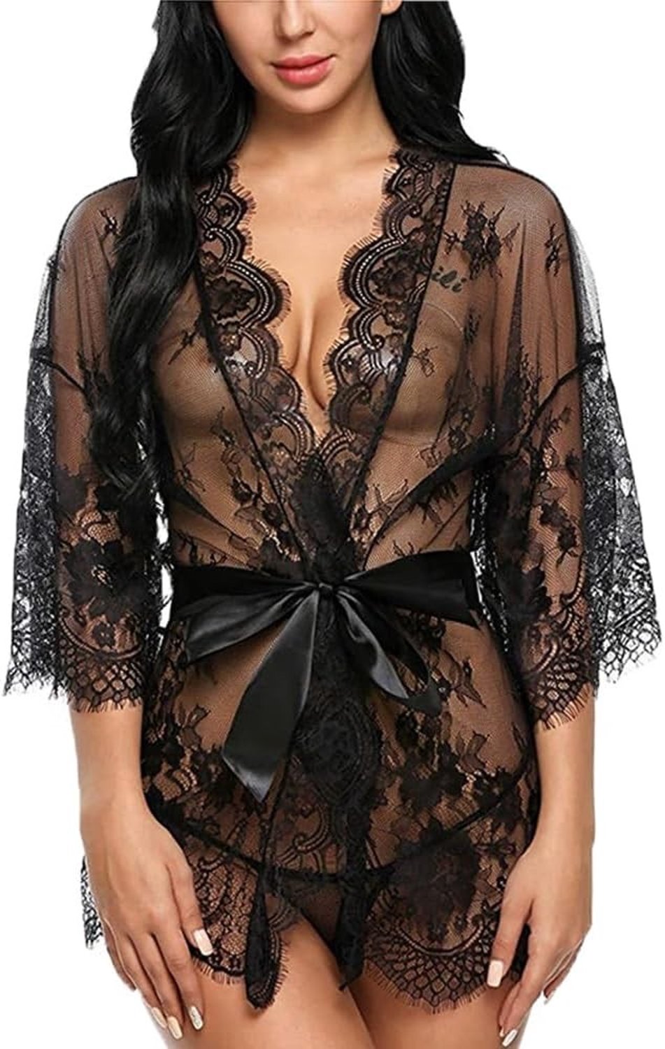 Sexy Negligee voor Valentijnsdag - V-hals Nachtjapon met Ceintuur en G-String - Transparante Erotische Ondergoed Kimono voor Curvy Vrouwen in XXL Maat