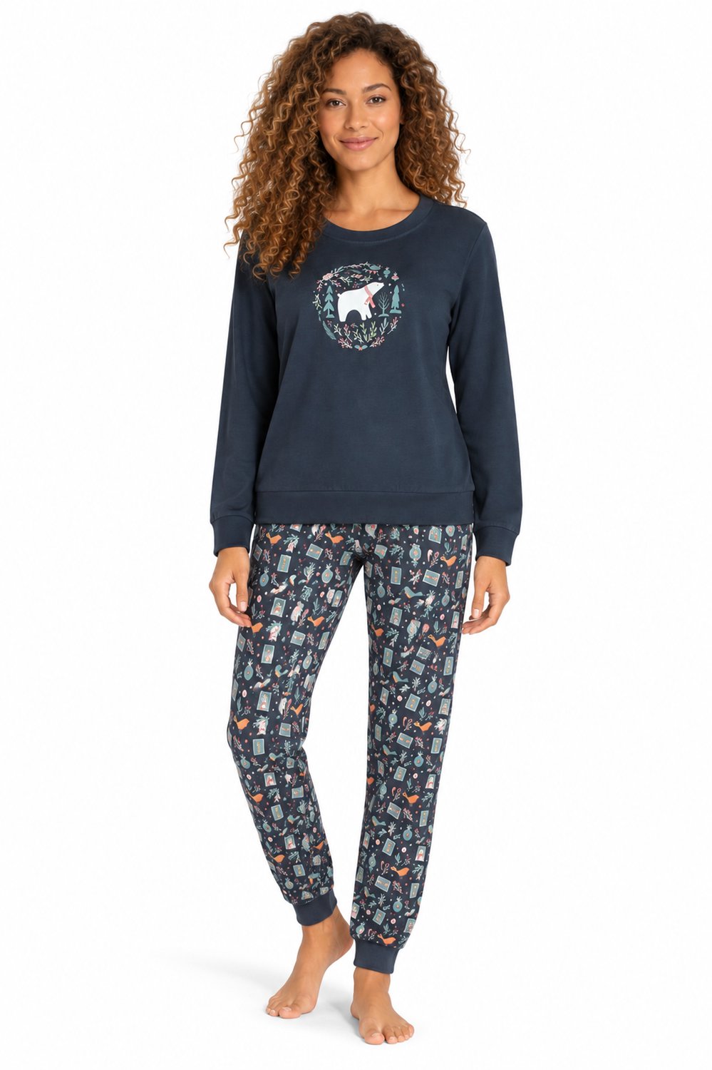 Comtessa - Dames Pyjama - Grijsblauw Smokey met IJsbeerprint - 100% Katoen - maat 36