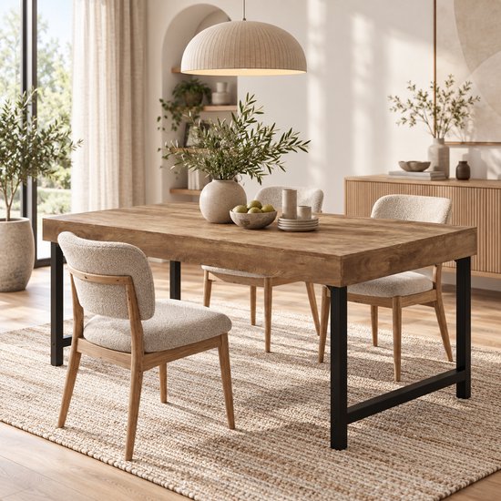 Eettafel met houtlook tafelblad en zwart metalen frame, in een eetkamer.