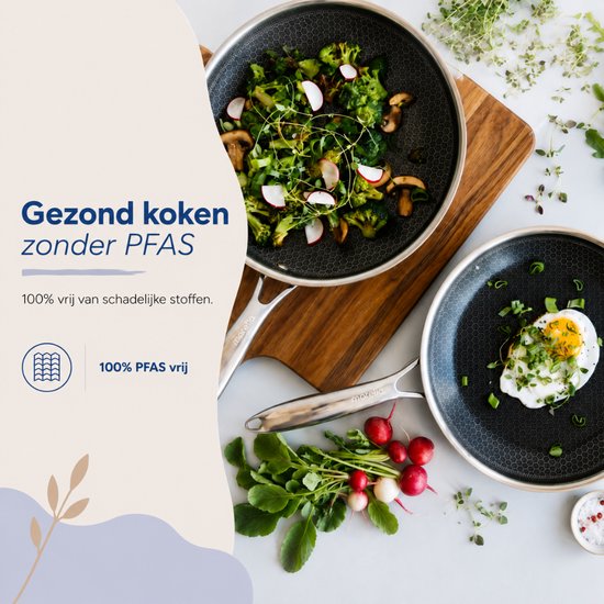Twee zwarte koekenpannen met honingraatpatroon, één met gebakken ei en toast, de ander met broccoli en paddenstoelen.