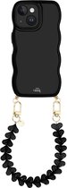 xoxo Wildhearts Glossy Wavy Cord Case Black - Funky Hearts (Zwart) - geschikt voor iPhone 15 - hoesje met koord - telefoonkoord met hartjes - golvend hoesje - silicone case - schokbestendig - zwart