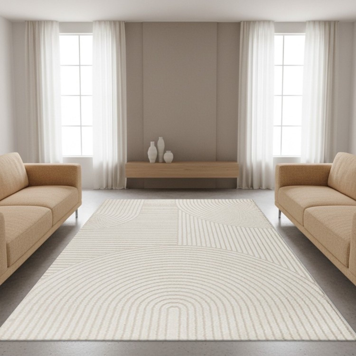 TapisTrend Designer tapijt Crème Modern vloerkleed met concentrische bogen en verhoogde geometrische lijnen voor woonkamer en slaapkamer, foto 5