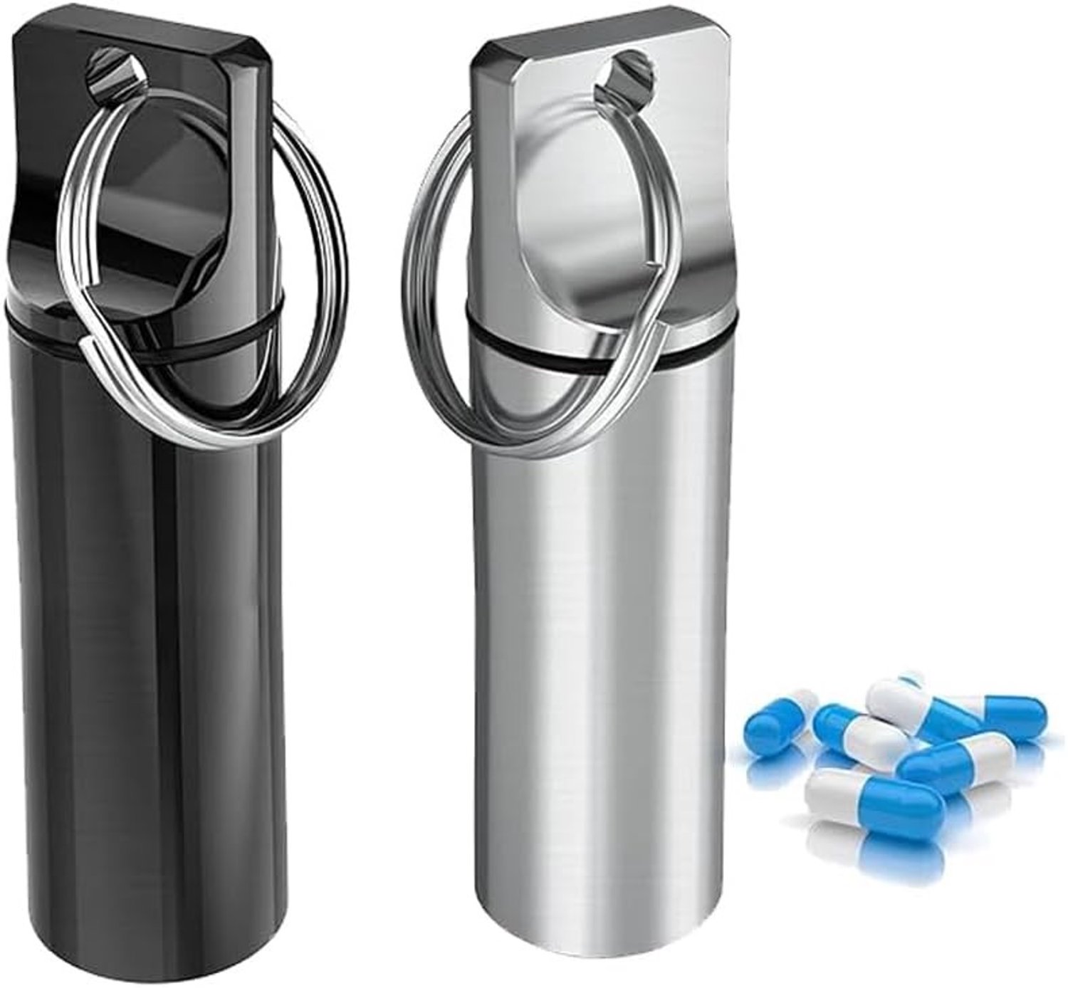 Draagbare Aluminium Pillendoos voor Sleutelhanger, Mini Pillendoos voor Reizen en Buitenactiviteiten (Zwart, Zilver)