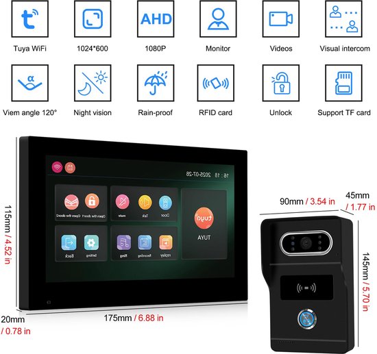 Video Deurintercom 7 Inch - 1080p Resolutie - Bekabeld - Zwart - Met Nachtzicht - Voor Buiten — afbeelding 3