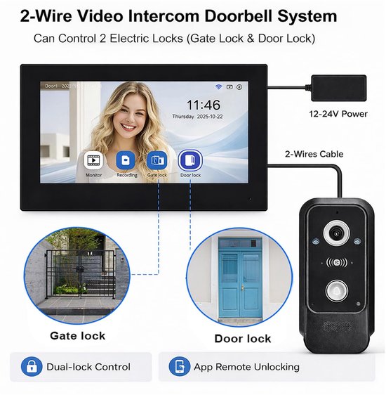 Video Deurbel Intercom - 7 Inch Touchscreen - 2-Draads Aansluiting - IP65 Buitenunit - Voor Woning En Kantoor — afbeelding 5