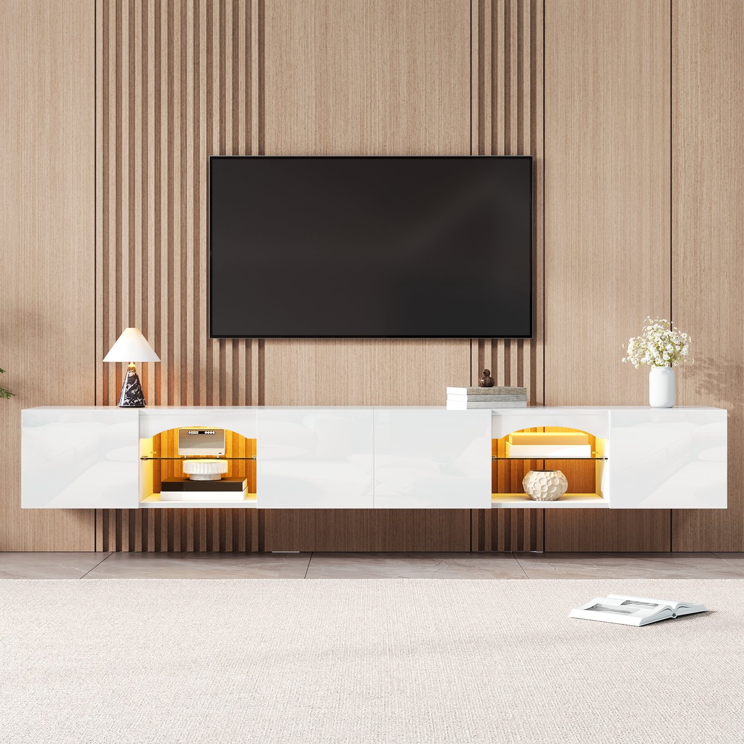 MODENUIT Tv-Meubel - Ledverlichting Met Appbediening - Voor Woonkamer - Spaanplaat - 200x30x28 Cm - Wit